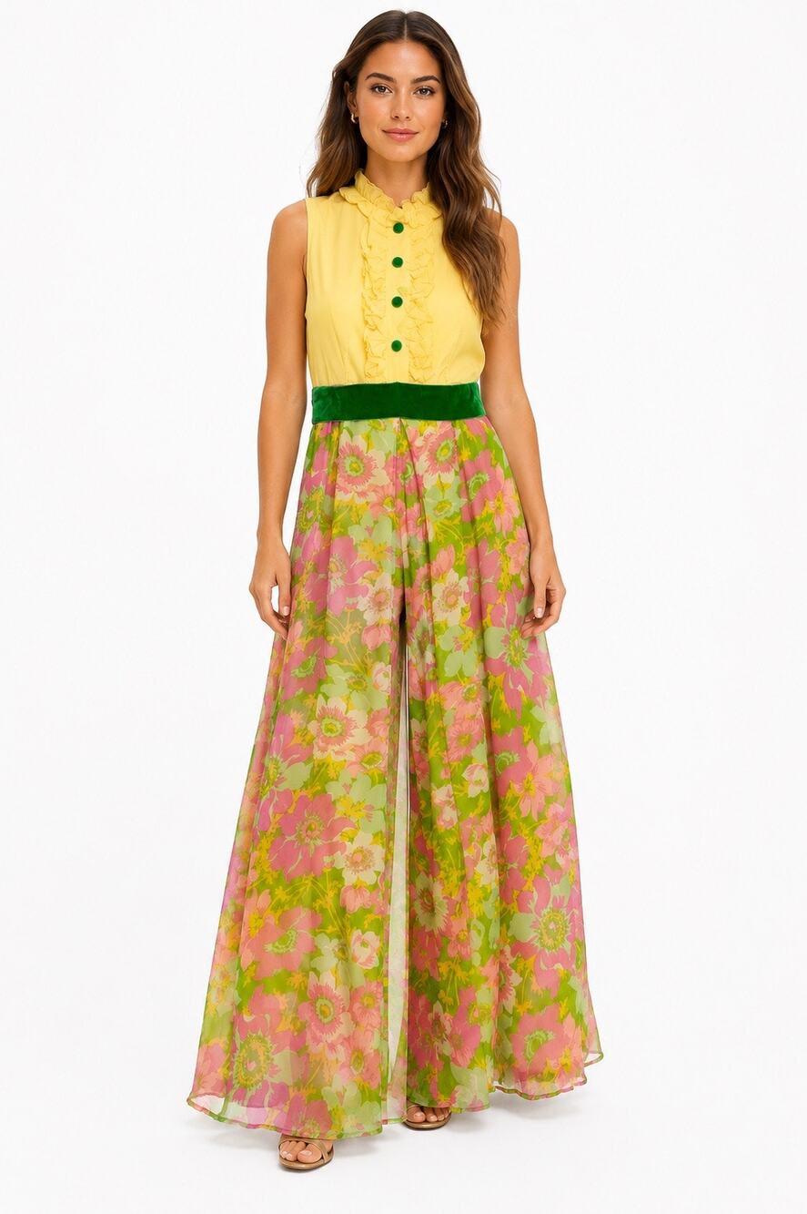 1970s Handmade Floral Palazzo Jumpsuit Dress Illusion Yellow Green XS